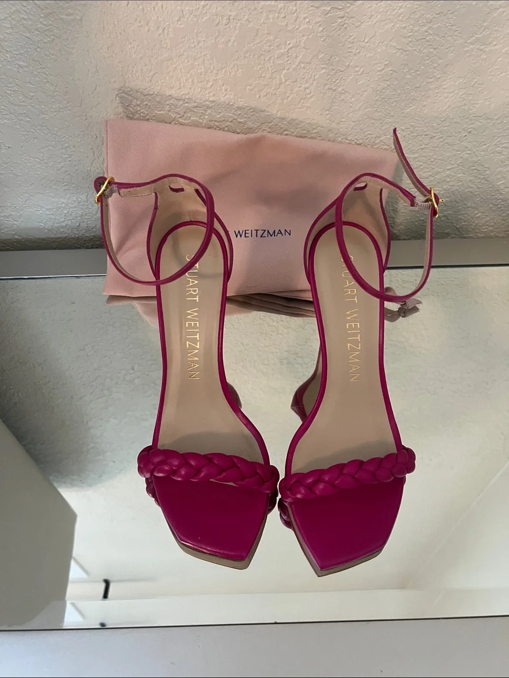 Stuart Weitzman Hot Pink Braided Strap Stiletto Sandals